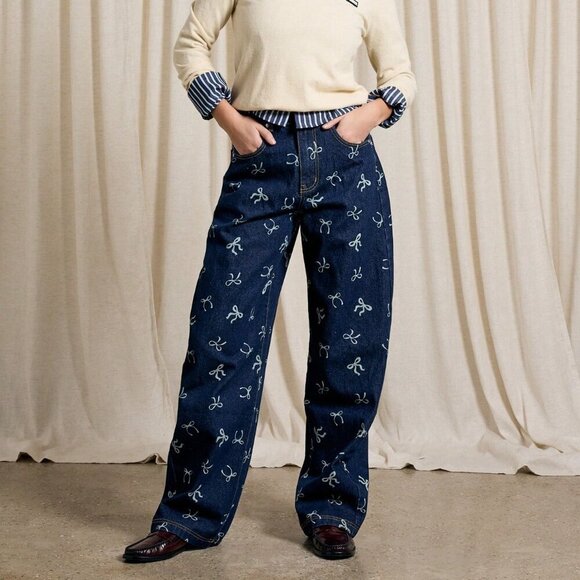 Denim - Blue Casual Women's Bow Print Baggy Jean